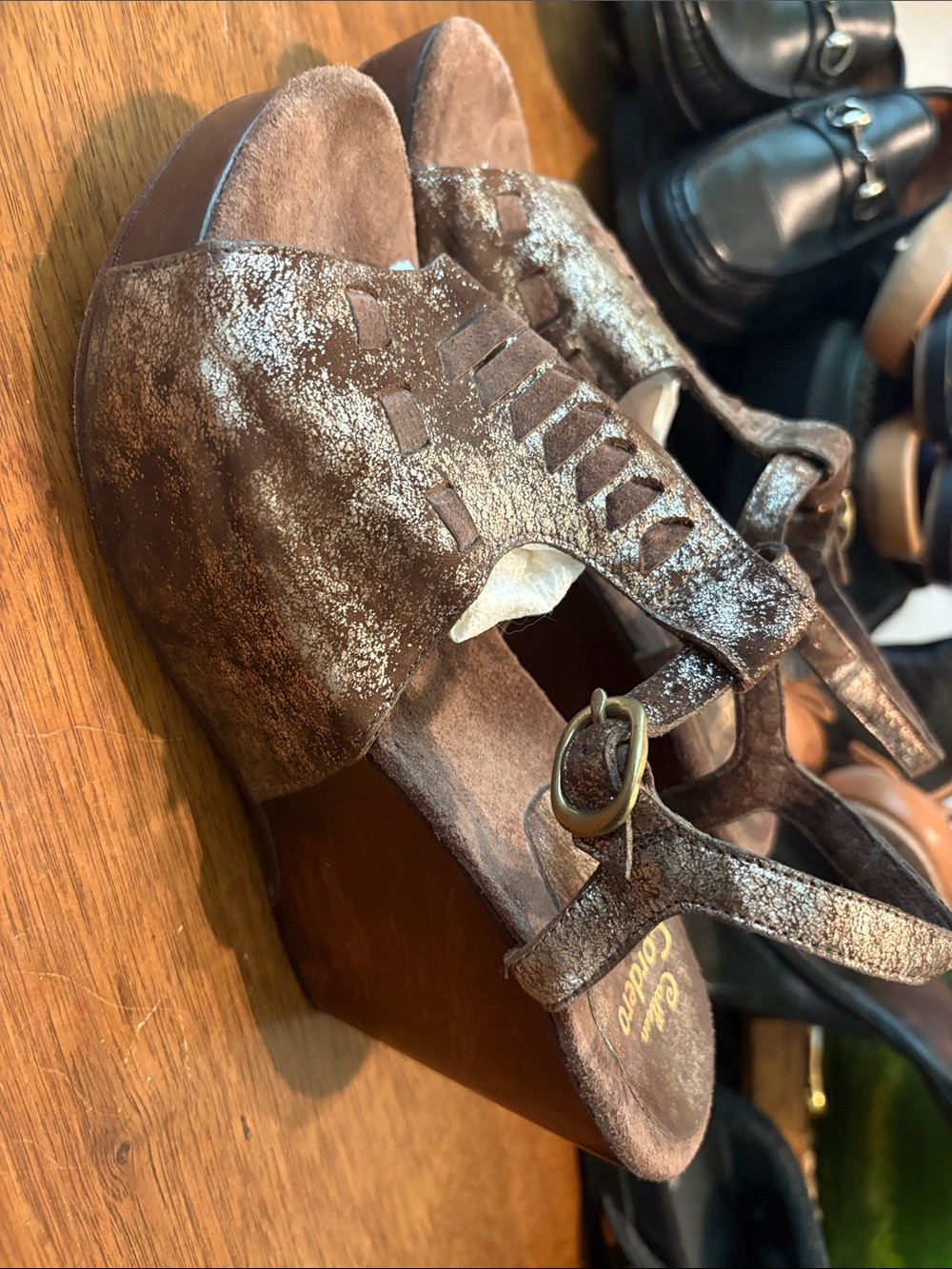 Brown Suede Metallic-Accent Wedge Sandals with T-Strap